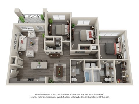 Floor plan for 3 beds, 2.5 baths, 1369 sqft